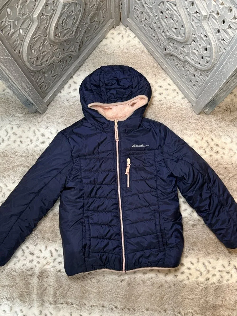 Eddie Bauer reversible puffer jacket girls medium pink faux fur school winter